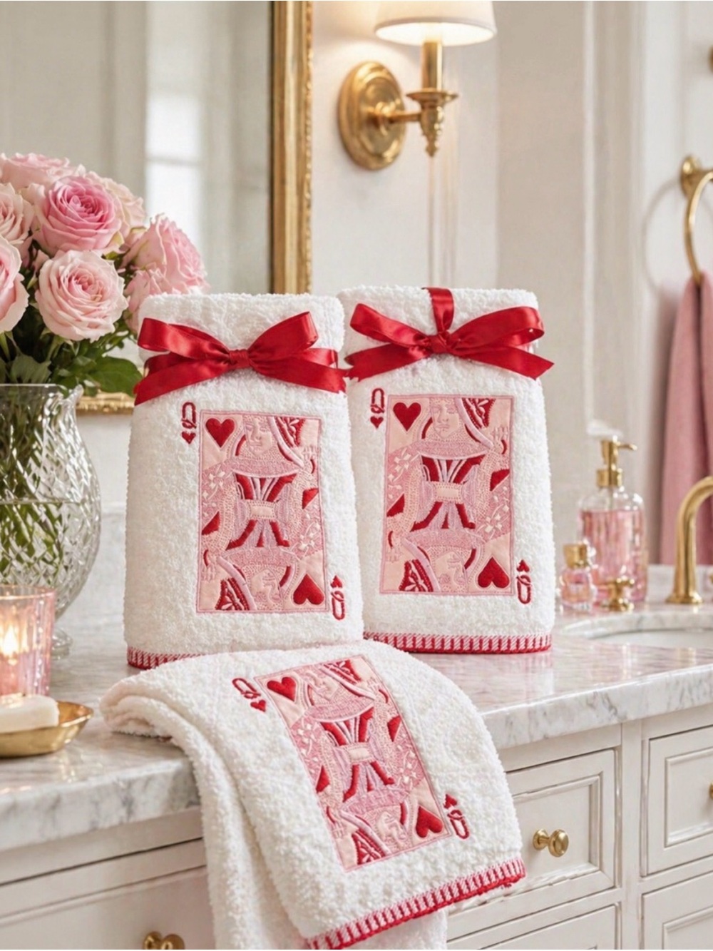 Queen of Hearts Embroidered White Hand Towel with Red Accents